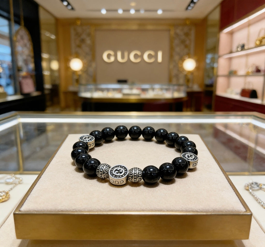Double-G Emblem Beaded Bracelet in Polished Metal-Tone – Agate Detail – Design 009 main product view
