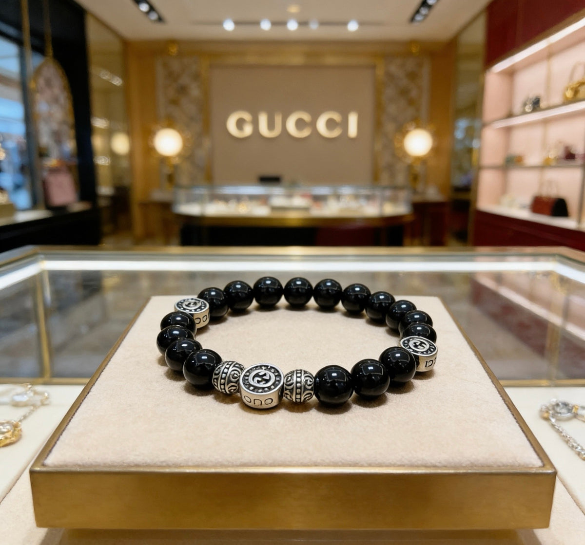 Double-G Emblem Beaded Bracelet in Polished Metal-Tone – Agate Detail – Design 010 main product view