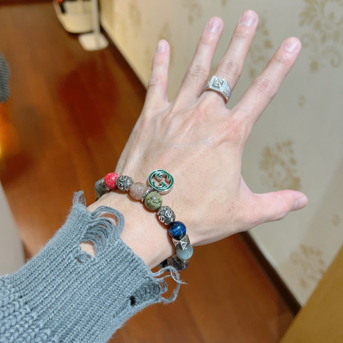 Geometric Emblem Bracelet in Polished Metal-Tone – Vintage Detail – Design 002 detail view