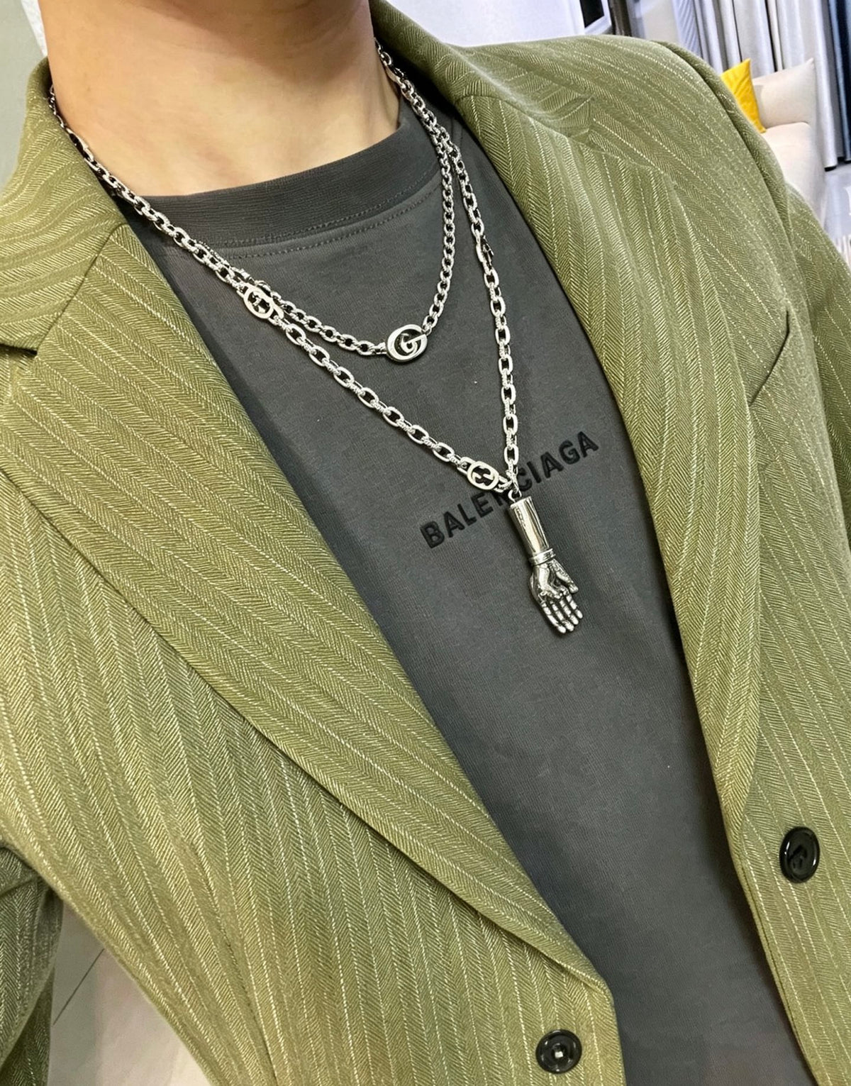 Double-G Emblem Pendant Necklace in Polished Metal-Tone – Design 069 styled product view