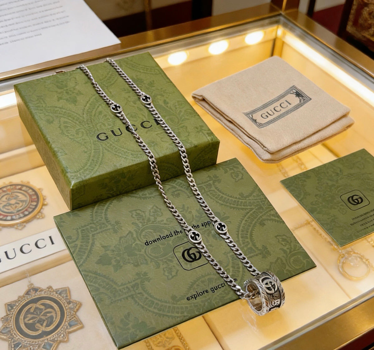Double-G Emblem Pendant Necklace in Polished Metal-Tone – Design 068 detail view