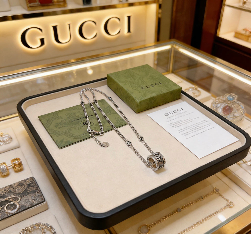Double-G Emblem Pendant Necklace in Polished Metal-Tone – Design 047 main product view