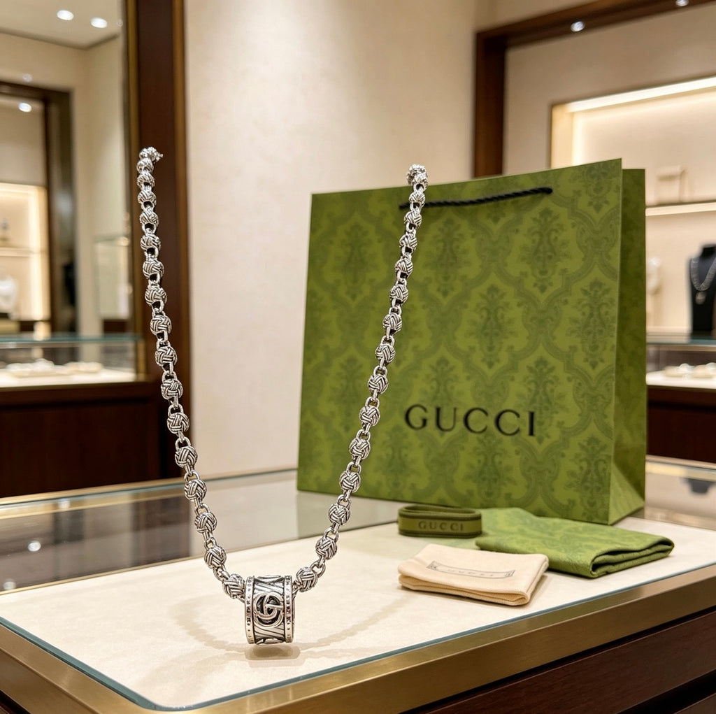 Double-G Emblem Pendant Necklace in Polished Metal-Tone – Design 067 styled product view
