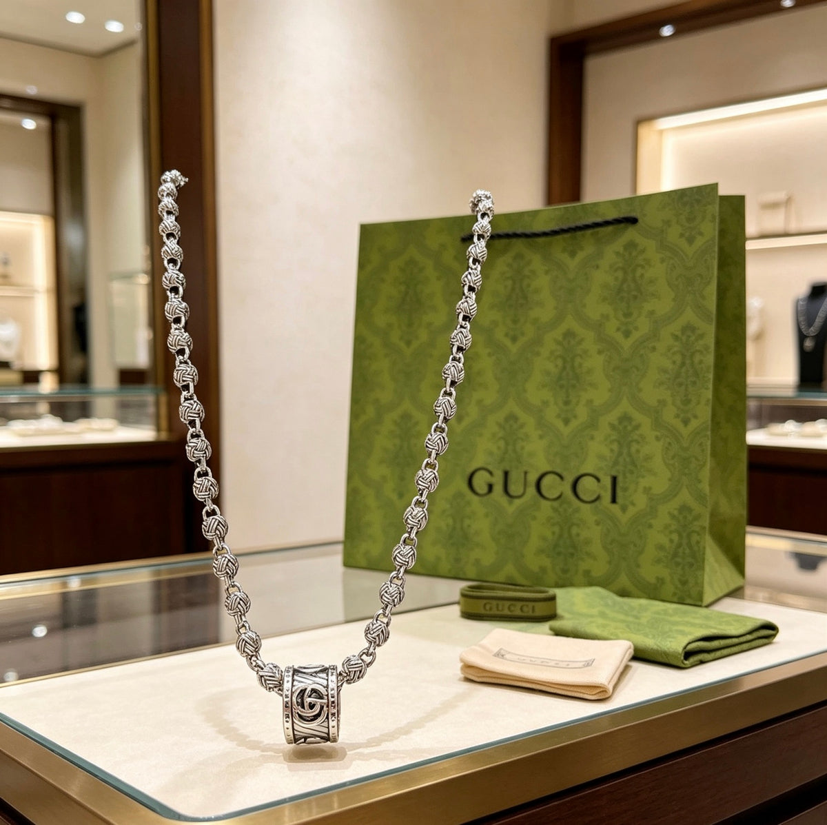 Double-G Emblem Pendant Necklace in Polished Metal-Tone – Design 067 styled product view