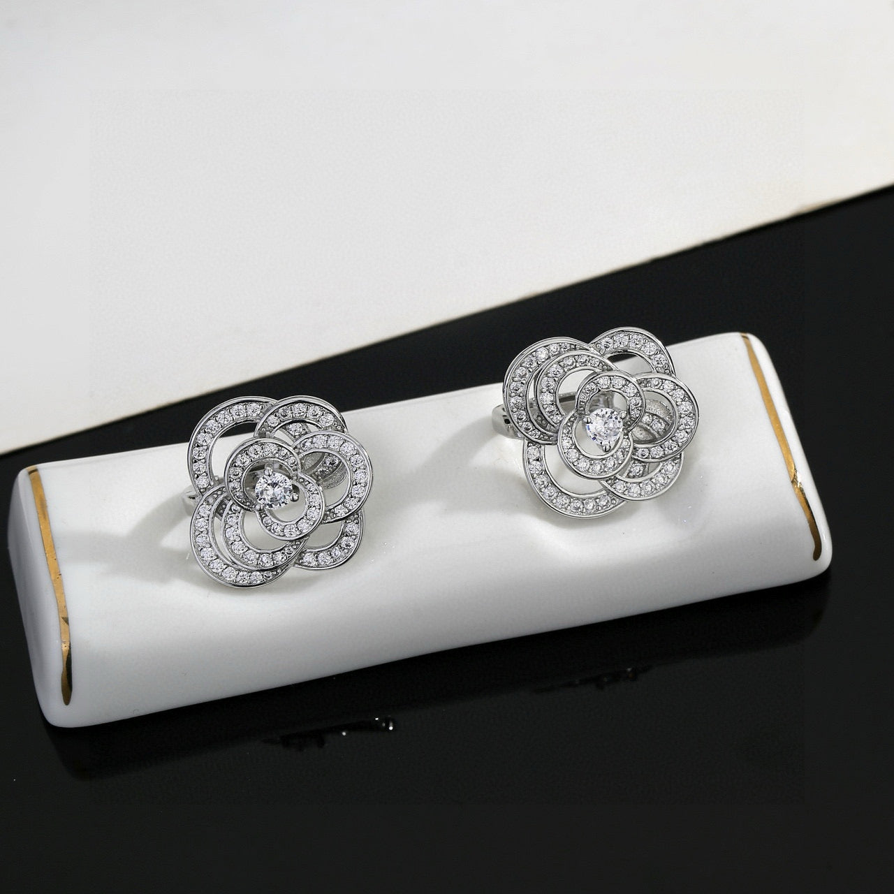 Camellia Stud Earrings in Gold-Tone – Camellia Detail front product view