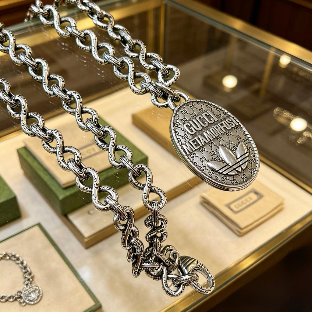 Double-G Emblem Pendant Necklace in Polished Metal-Tone – Design 066 main product view