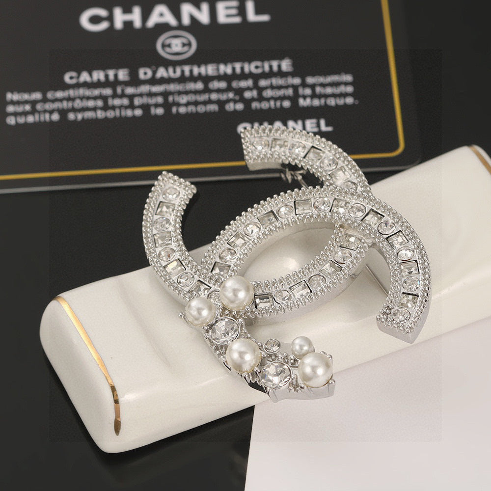 Double-C Emblem Brooch in Polished Metal-Tone – Pearl Detail – Design 003 front product view