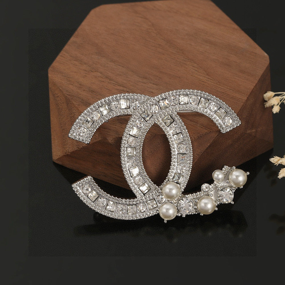 Double-C Emblem Brooch in Polished Metal-Tone – Pearl Detail – Design 003 styled product view