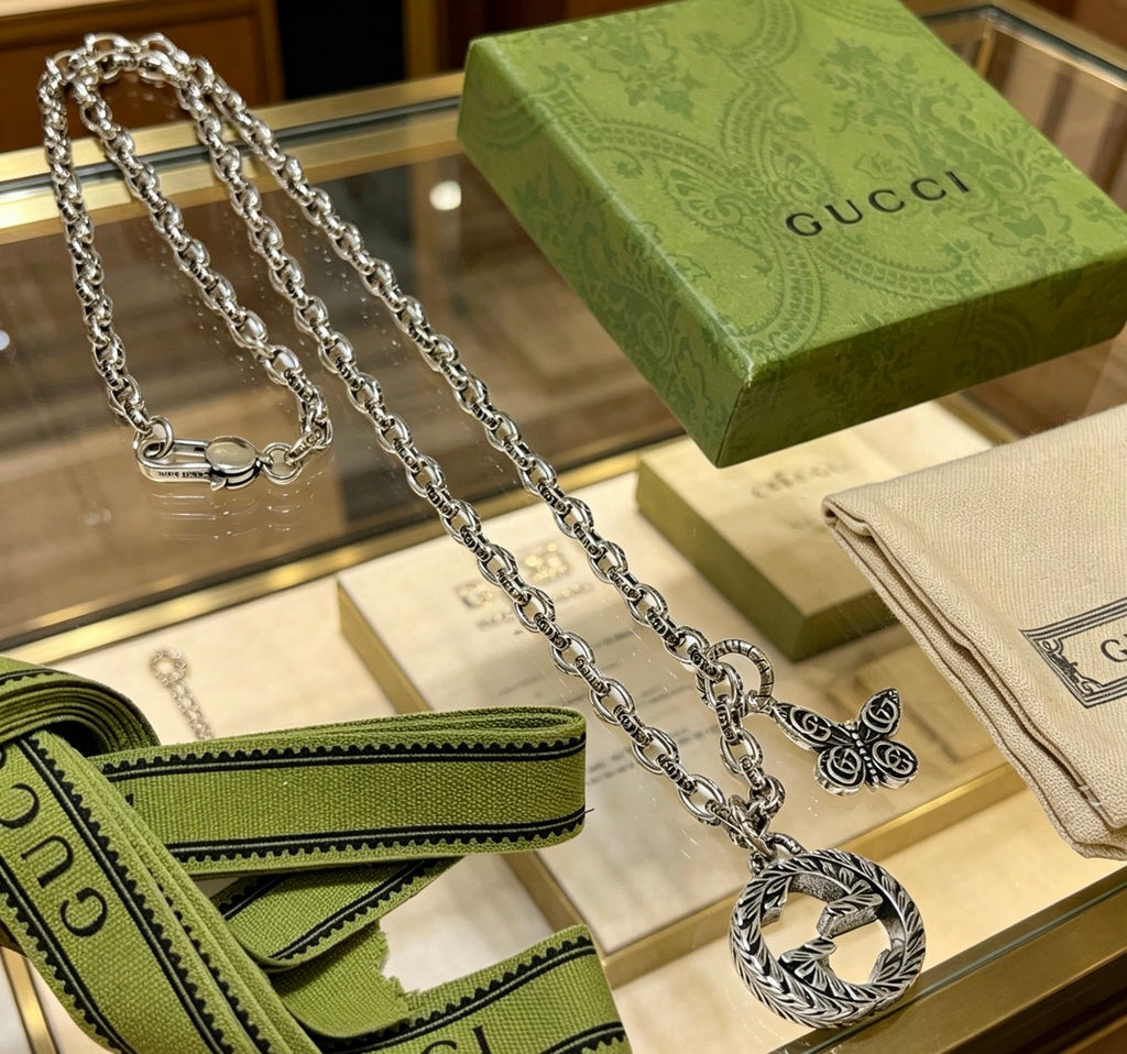 Double-G Emblem Pendant Necklace in Polished Metal-Tone – Design 065 front product view