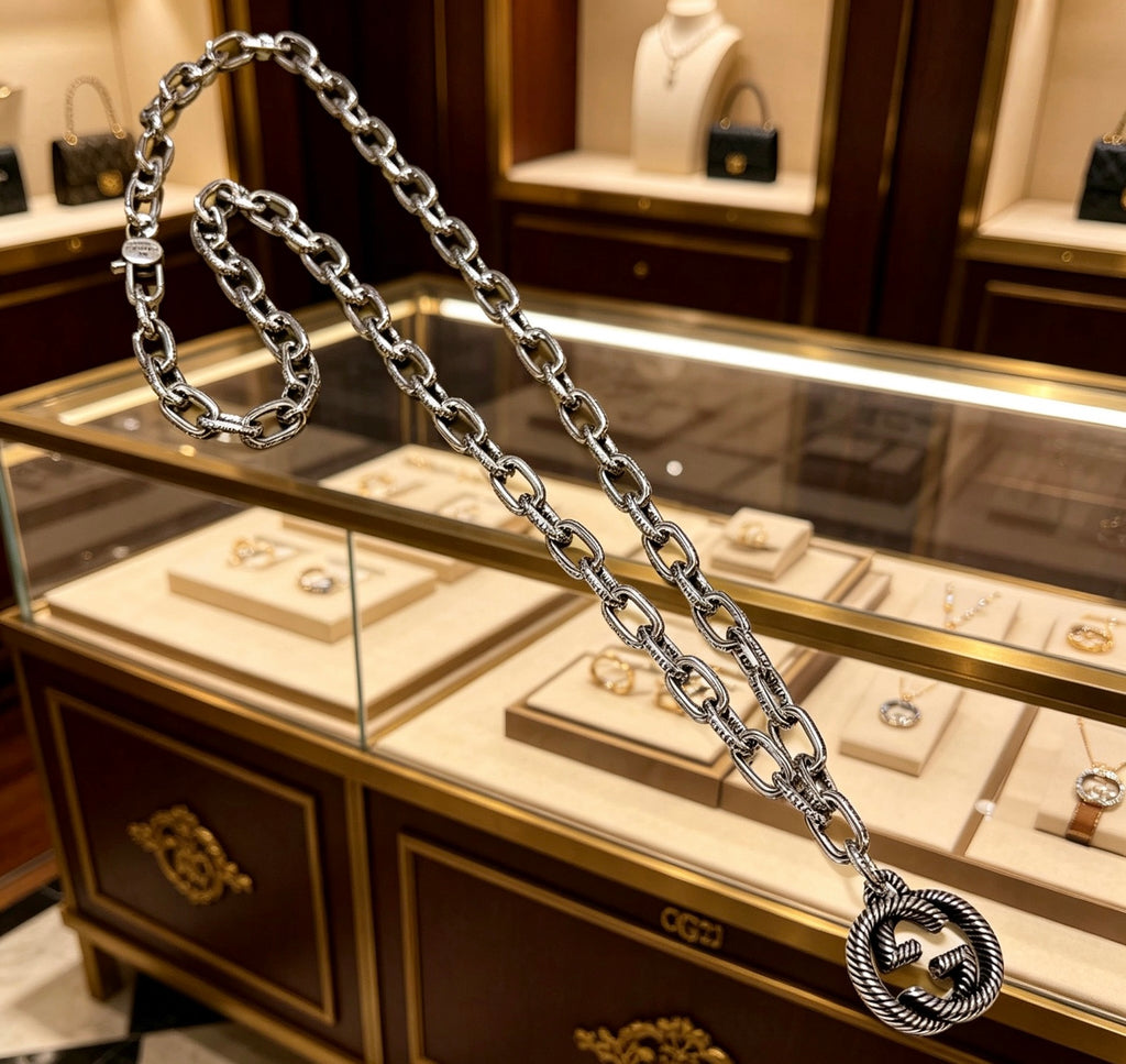 Double-G Emblem Pendant Necklace in Polished Metal-Tone – Design 064 main product view