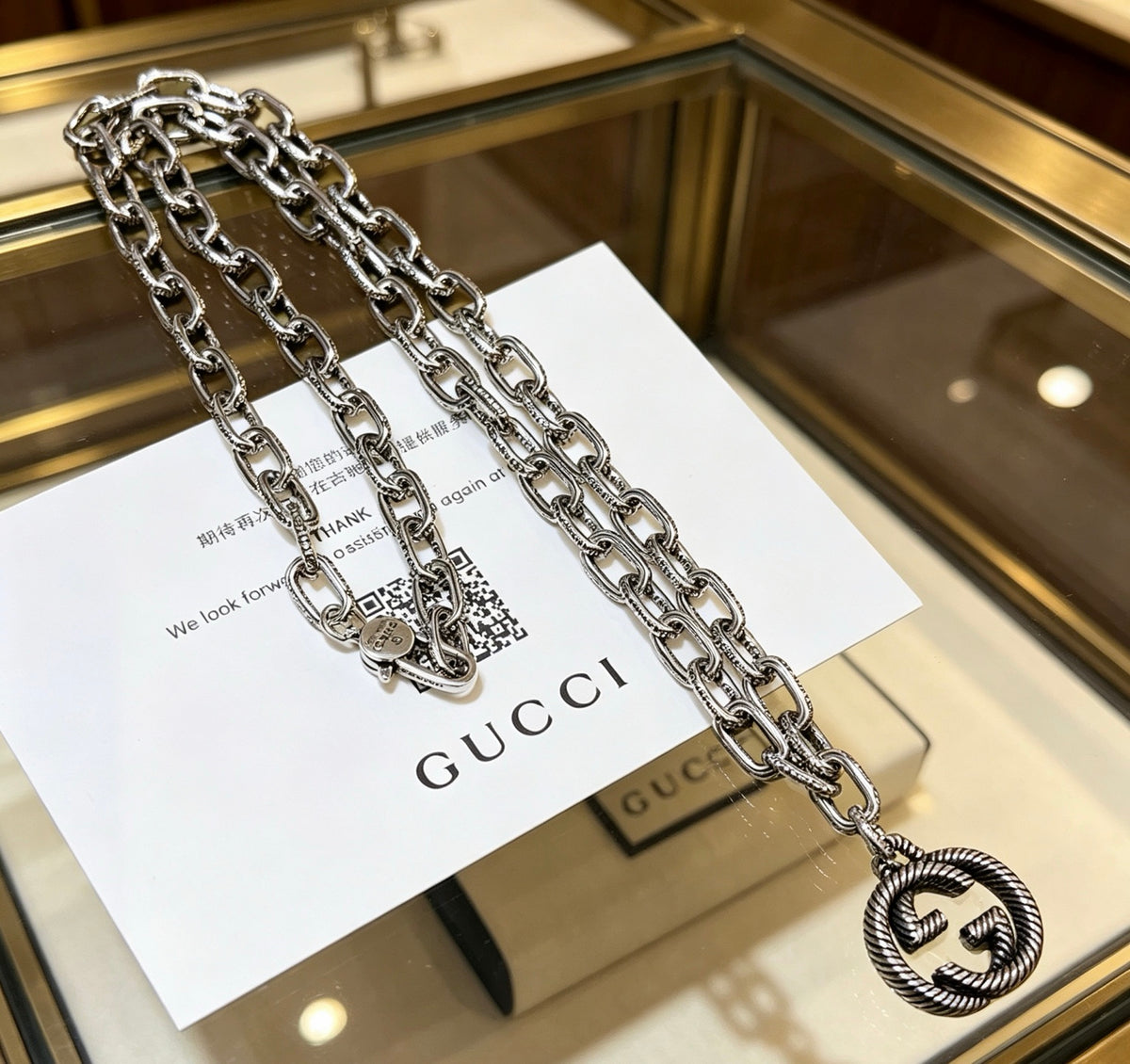 Double-G Emblem Pendant Necklace in Polished Metal-Tone – Design 051 front product view