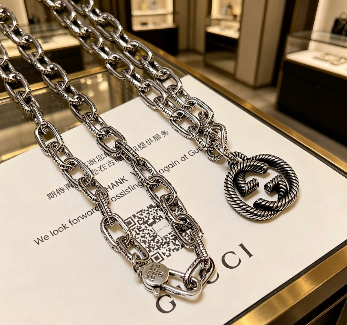 Double-G Emblem Pendant Necklace in Polished Metal-Tone – Design 051 main product view