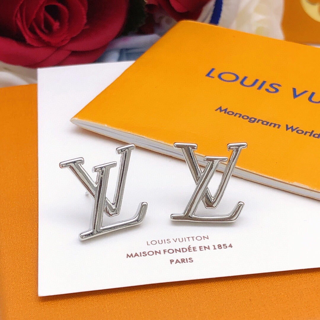 Letter Emblem Stud Earrings in Silver-Tone – Silver Detail – Design 003 main product view