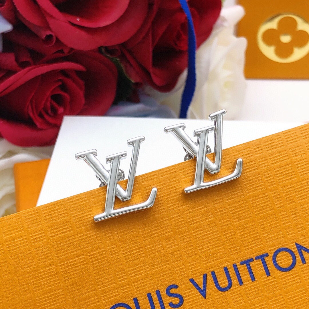 Letter Emblem Stud Earrings in Silver-Tone – Silver Detail – Design 003 side detail