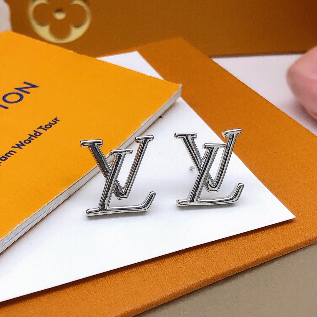 Letter Emblem Stud Earrings in Silver-Tone – Silver Detail – Design 003 front product view