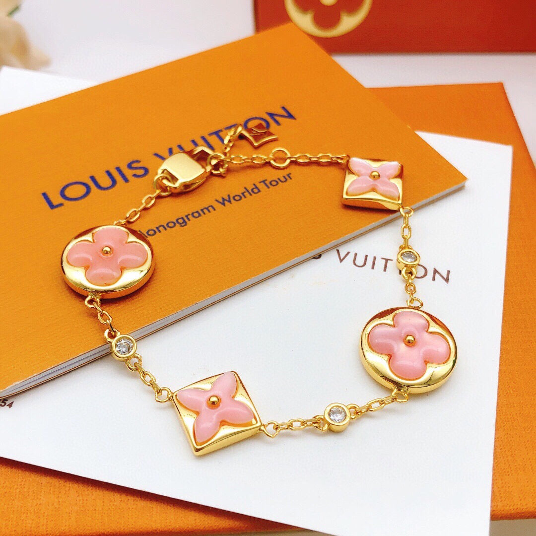 Geometric Emblem Bracelet in Gold-Tone – Pink Detail main product view