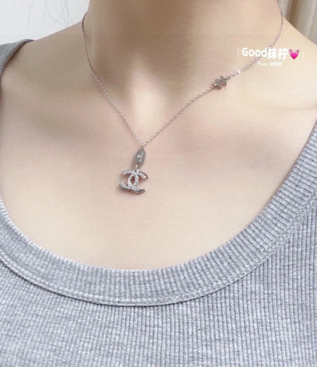 Double-C Emblem Pendant Necklace in Polished Metal-Tone – Design 001 detail view