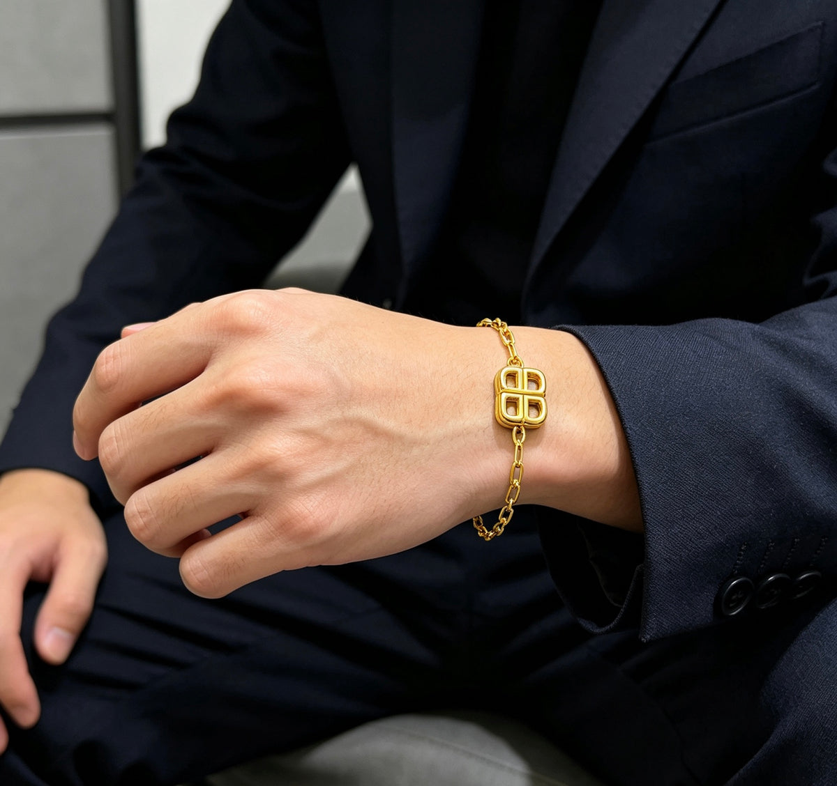 Geometric Emblem Bracelet in Polished Metal-Tone – Design 012 detail view