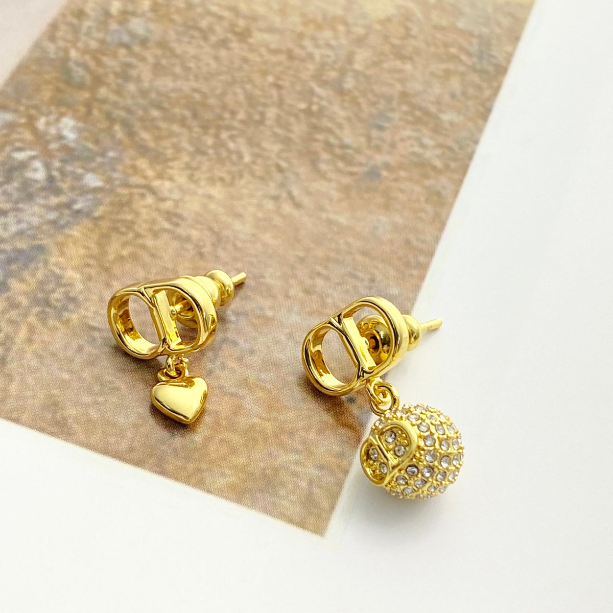 Heart Motif Stud Earrings in Gold-Tone with Crystal-Style Accents front view