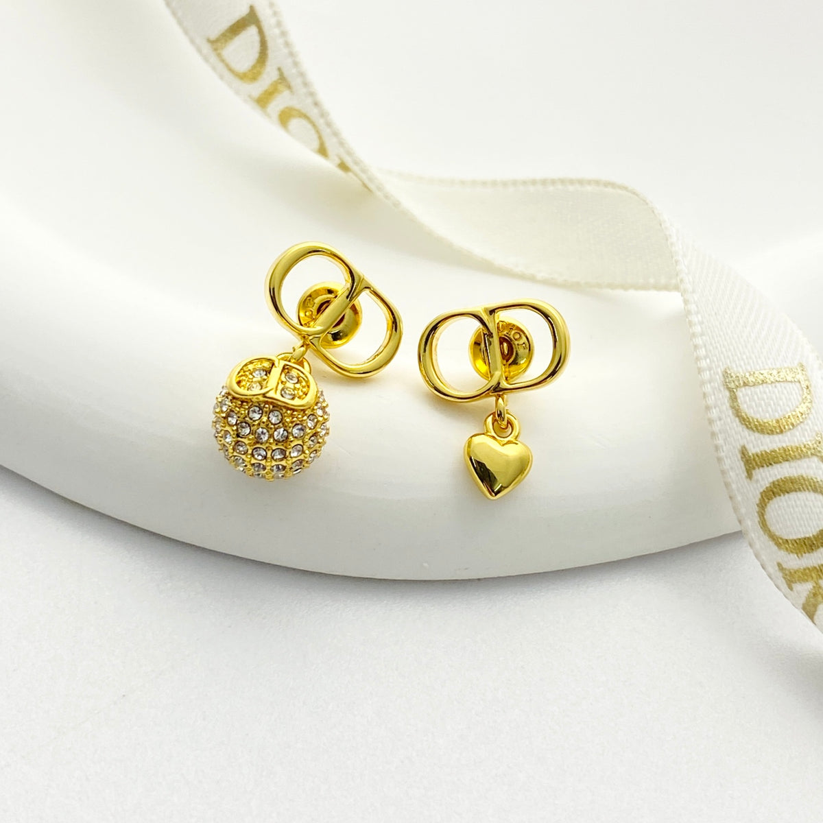 Heart Motif Stud Earrings in Gold-Tone with Crystal-Style Accents front view