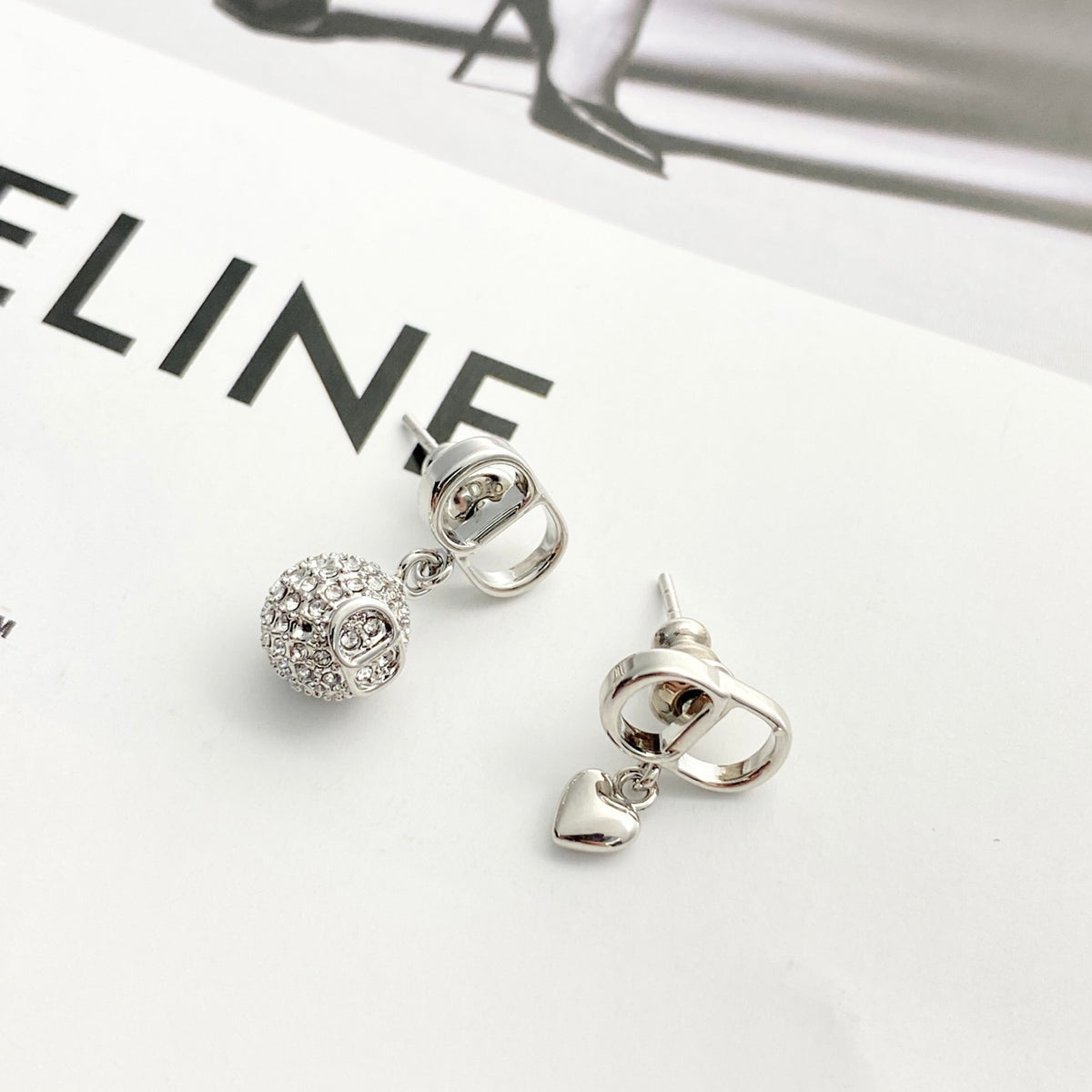 Heart Motif Stud Earrings in Silver-Tone with Crystal-Style Accents detail view