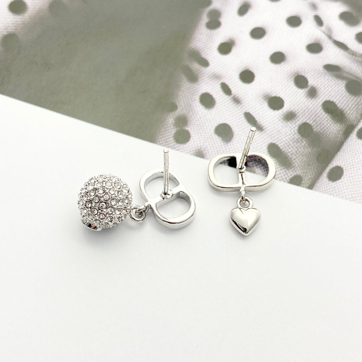 Heart Motif Stud Earrings in Silver-Tone with Crystal-Style Accents front view
