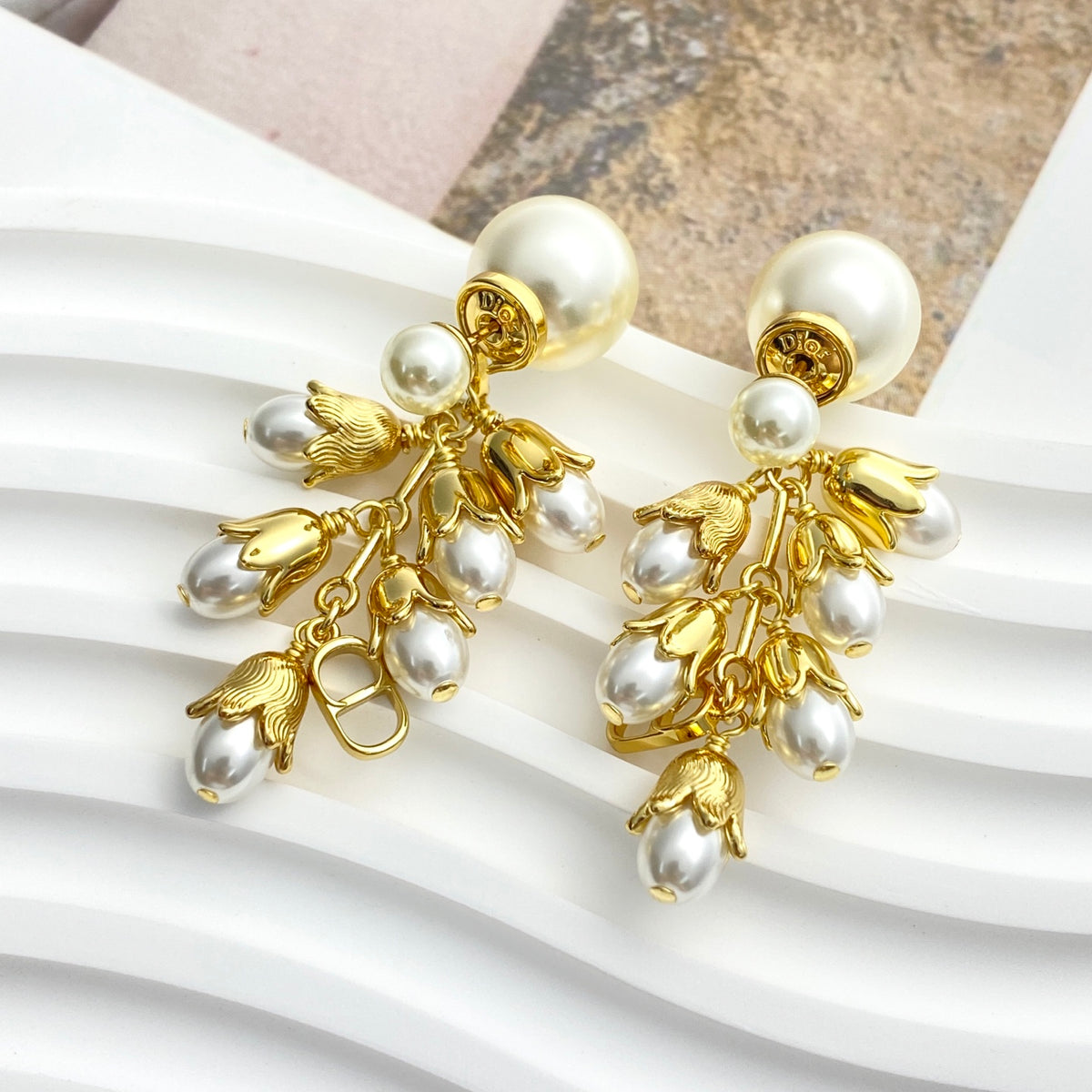 Pearl-Style Motif Stud Earrings in Polished Metal-Tone with Pearl-Style Detail – Design 003 styled view