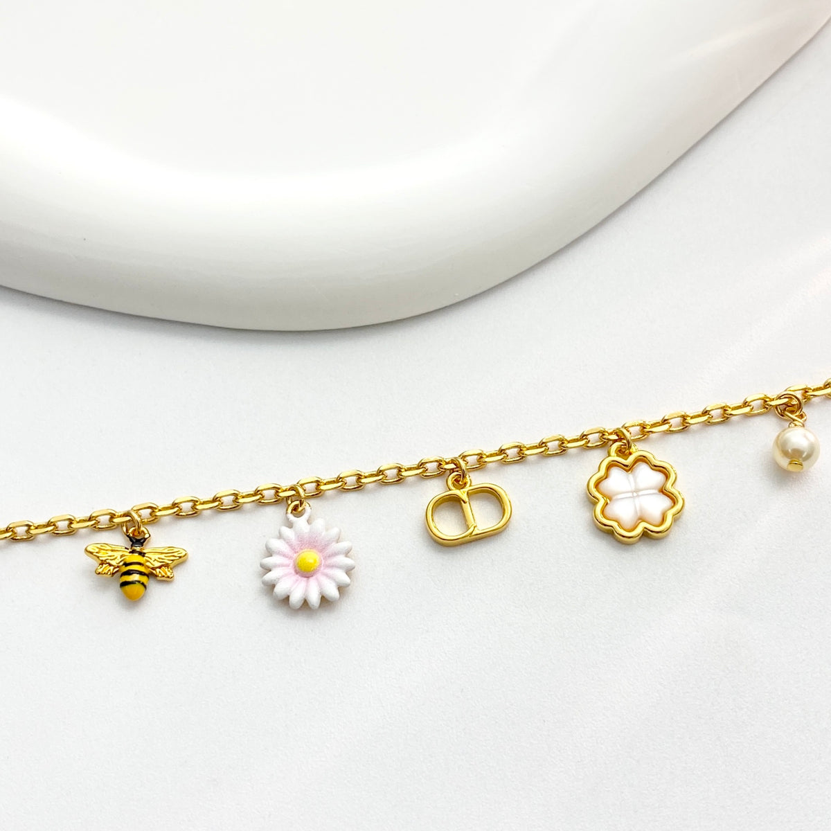 Pearl-Style Motif Statement Bracelet in Gold-Tone with Pearl-Style Detail front view