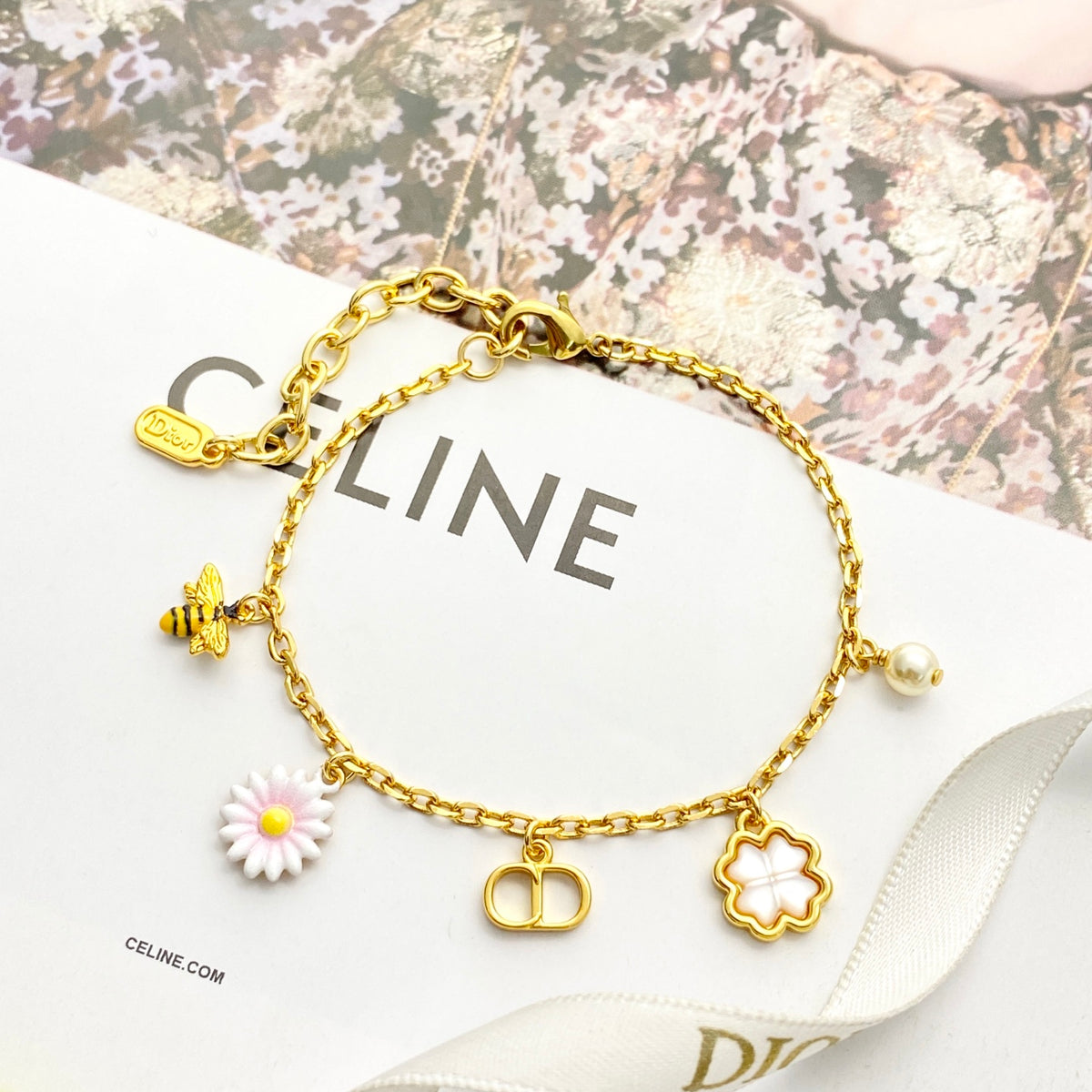 Pearl-Style Motif Statement Bracelet in Gold-Tone with Pearl-Style Detail main product view