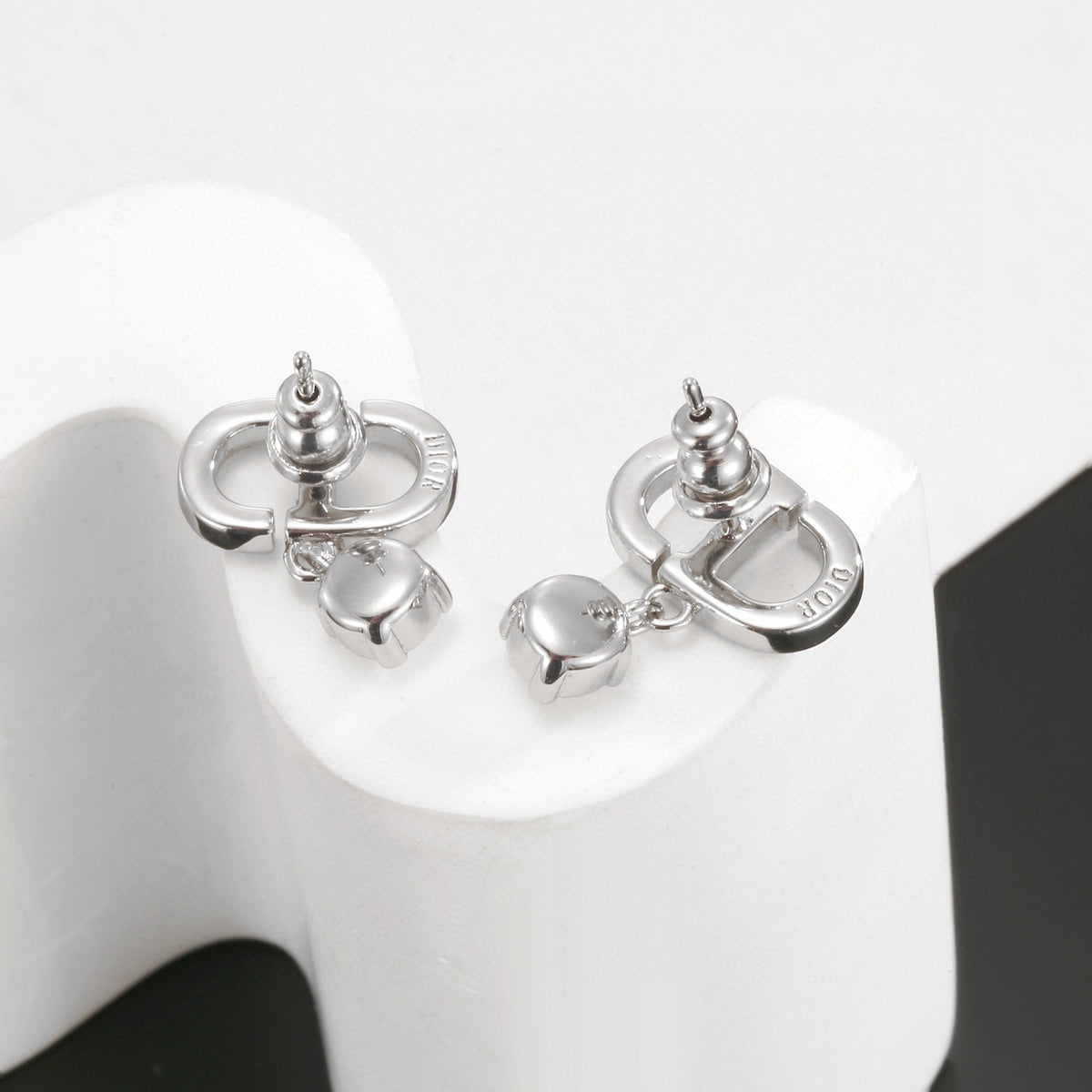 Graphic Letter Motif Stud Earrings in Polished Metal-Tone with Vintage-Style Finish – Design 004 front view