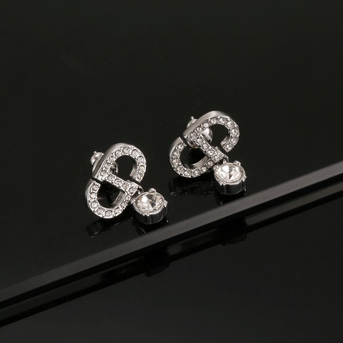 Graphic Letter Motif Stud Earrings in Polished Metal-Tone with Vintage-Style Finish – Design 002 side detail