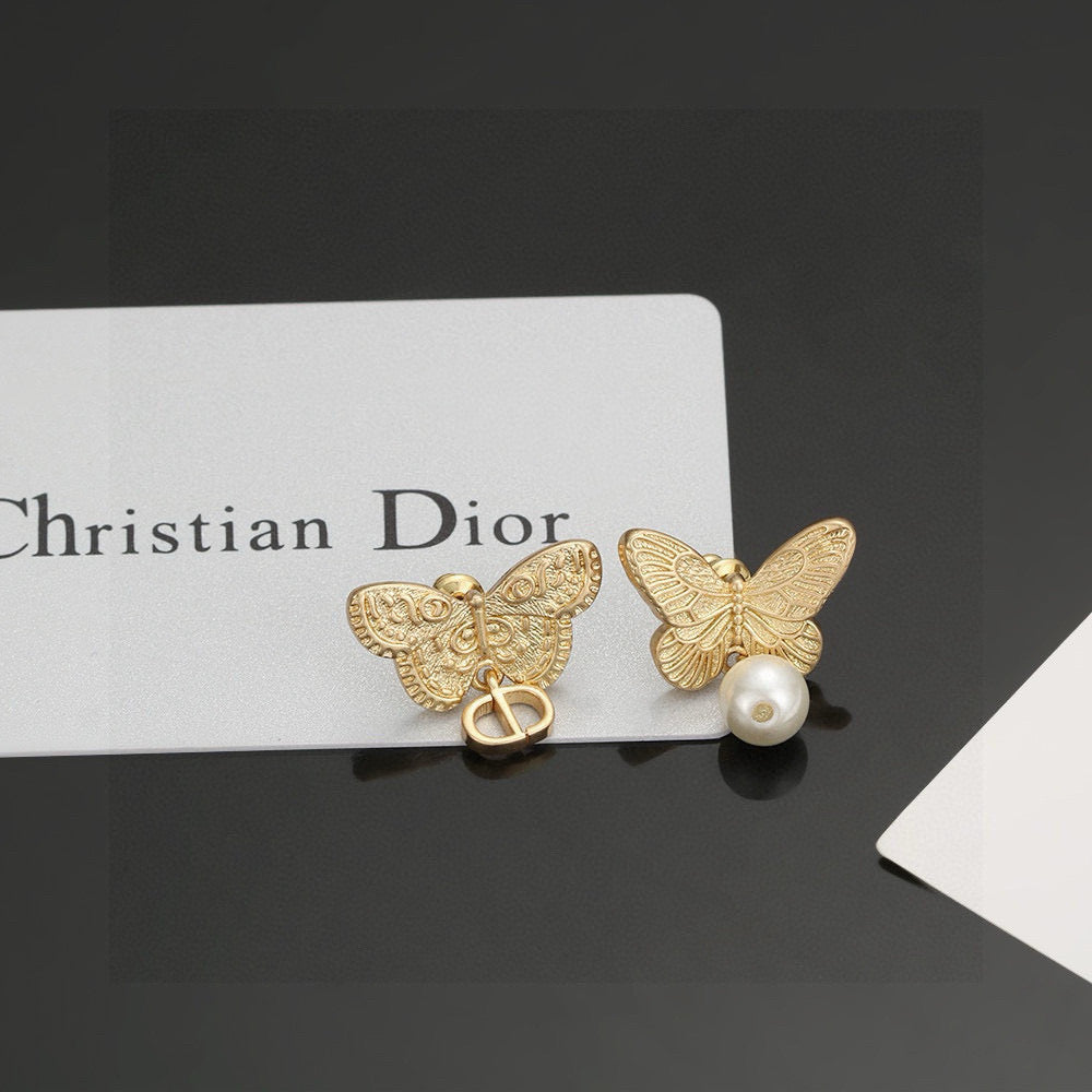 Bow & Butterfly Motif Stud Earrings in Silver-Tone with Asymmetric Detail – Design 001 main product view