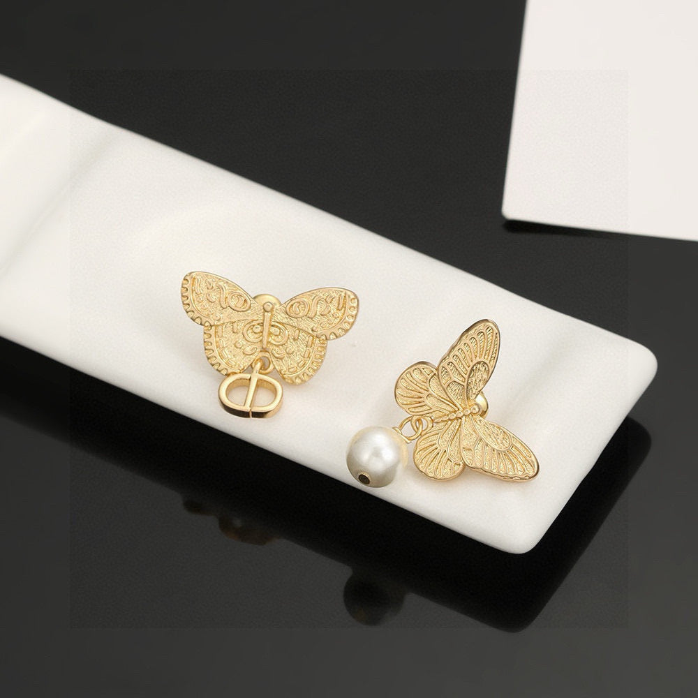 Bow & Butterfly Motif Stud Earrings in Silver-Tone with Asymmetric Detail – Design 002 side detail