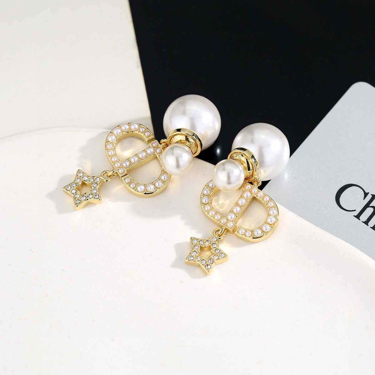 Pearl-Style Motif Stud Earrings in Polished Metal-Tone with Pearl-Style Detail – Design 001 front view