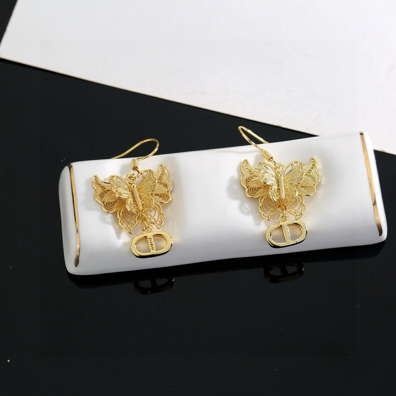 Bow & Butterfly Motif Stud Earrings in Polished Metal-Tone – Design 002 main product view