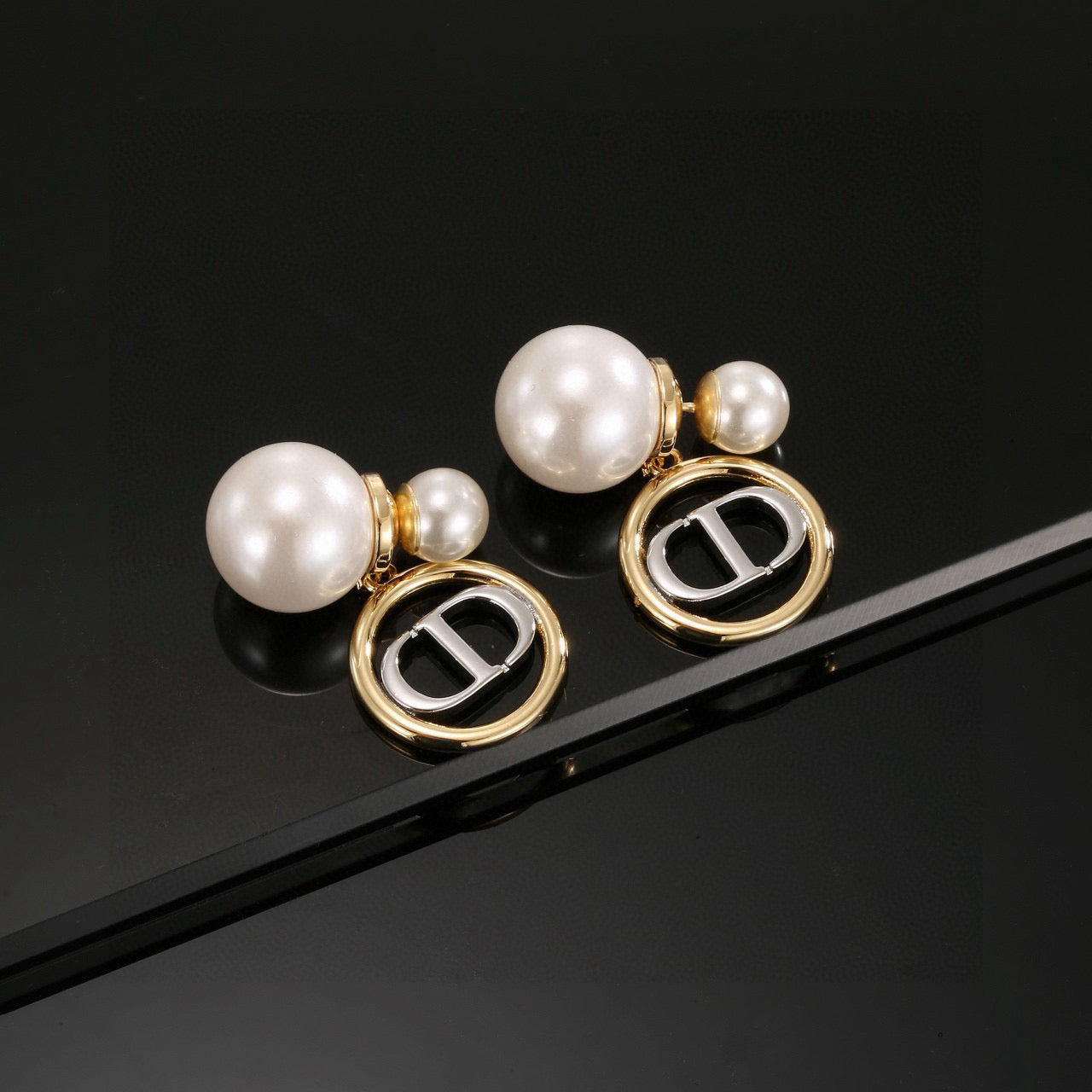 Graphic Letter Motif Stud Earrings in Polished Metal-Tone with Vintage-Style Finish – Design 001 front view
