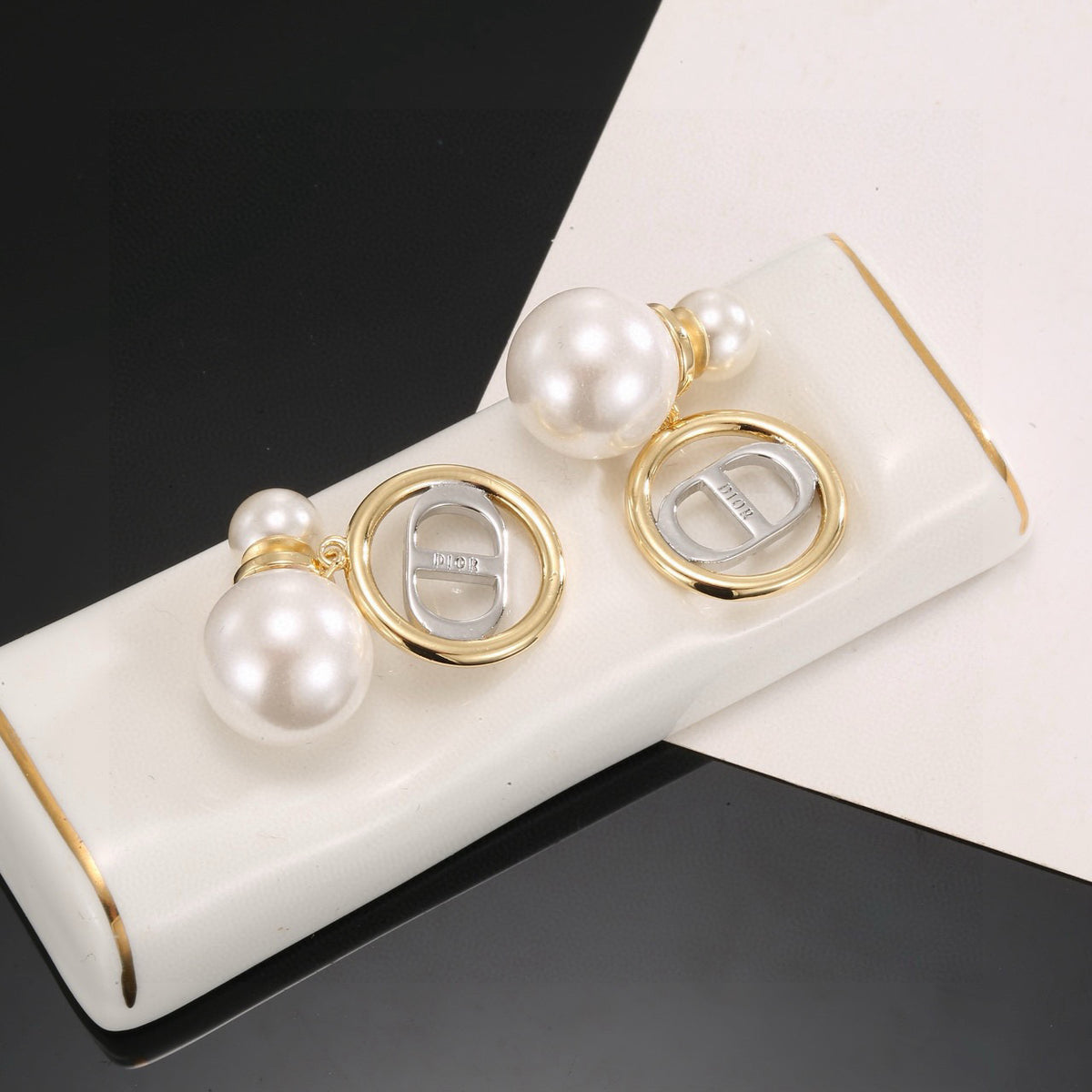 Graphic Letter Motif Stud Earrings in Polished Metal-Tone with Vintage-Style Finish – Design 003 detail view