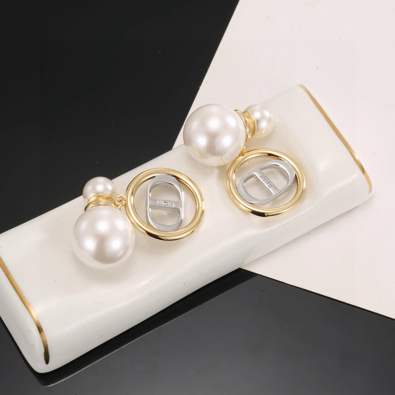 Graphic Letter Motif Stud Earrings in Polished Metal-Tone with Vintage-Style Finish – Design 003 detail view