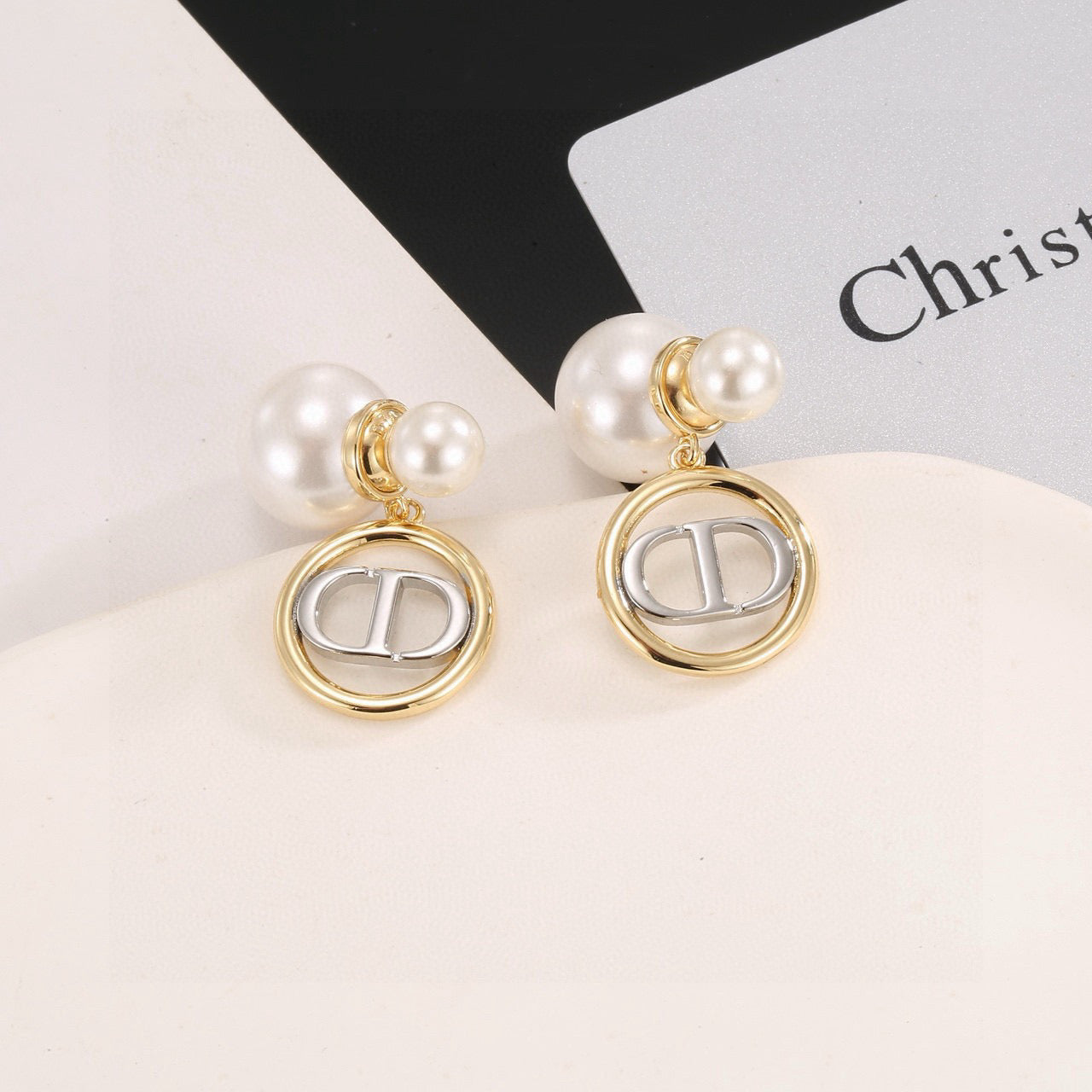 Graphic Letter Motif Stud Earrings in Polished Metal-Tone with Vintage-Style Finish – Design 001 styled view