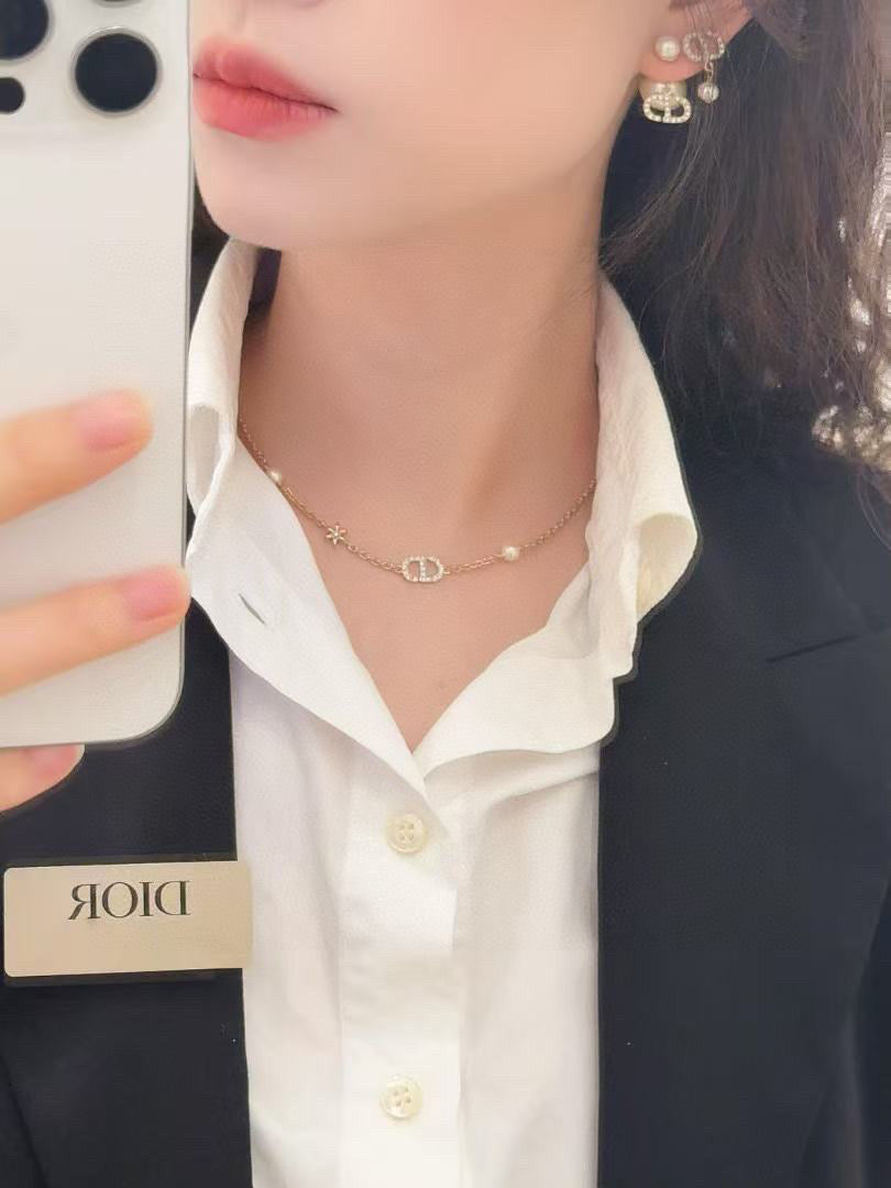 Pearl-Style Motif Pendant Necklace in Polished Metal-Tone with Pearl-Style Detail – Design 003 styled view