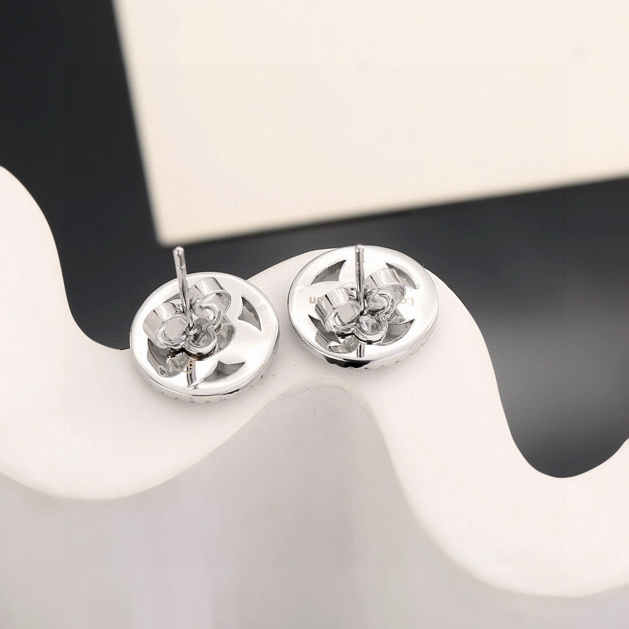 Geometric Emblem Stud Earrings in Polished Metal-Tone – Design 006 side detail