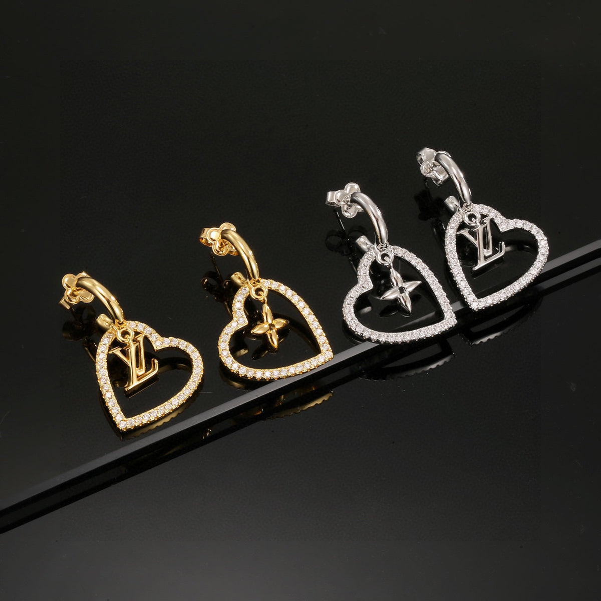 Letter Emblem Stud Earrings in Polished Metal-Tone – Design 008 close-up detail