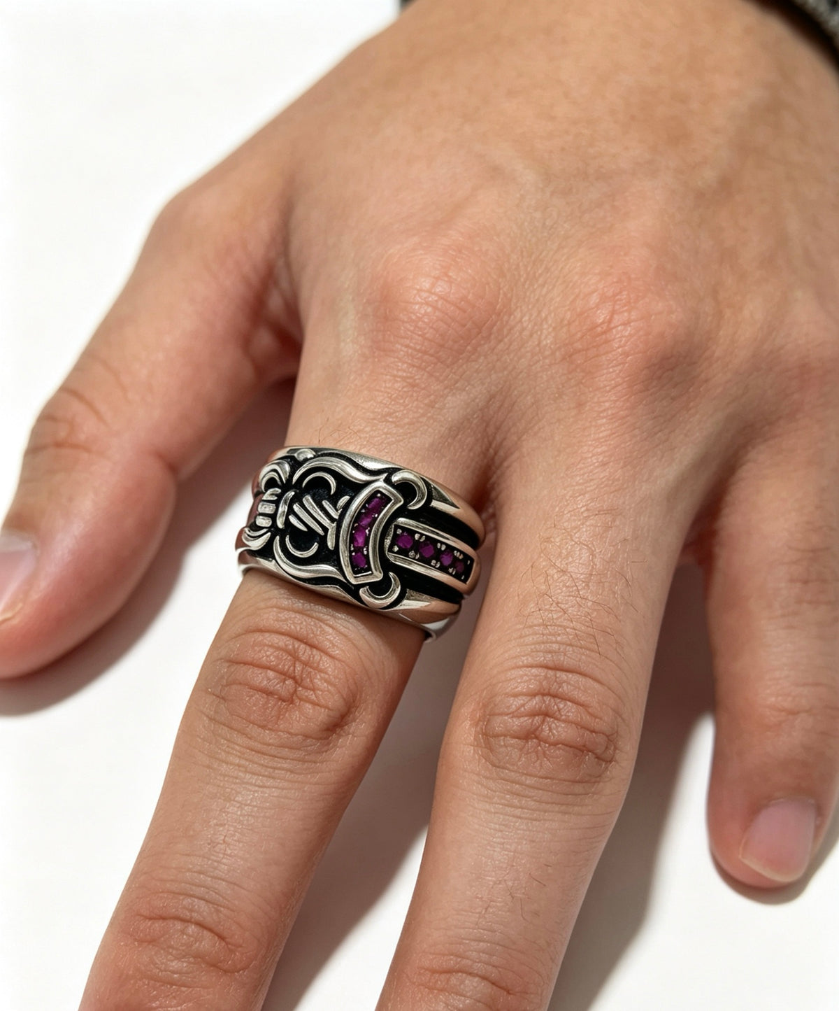 Signature Emblem Statement Ring in Polished Metal-Tone – Design 007 side detail