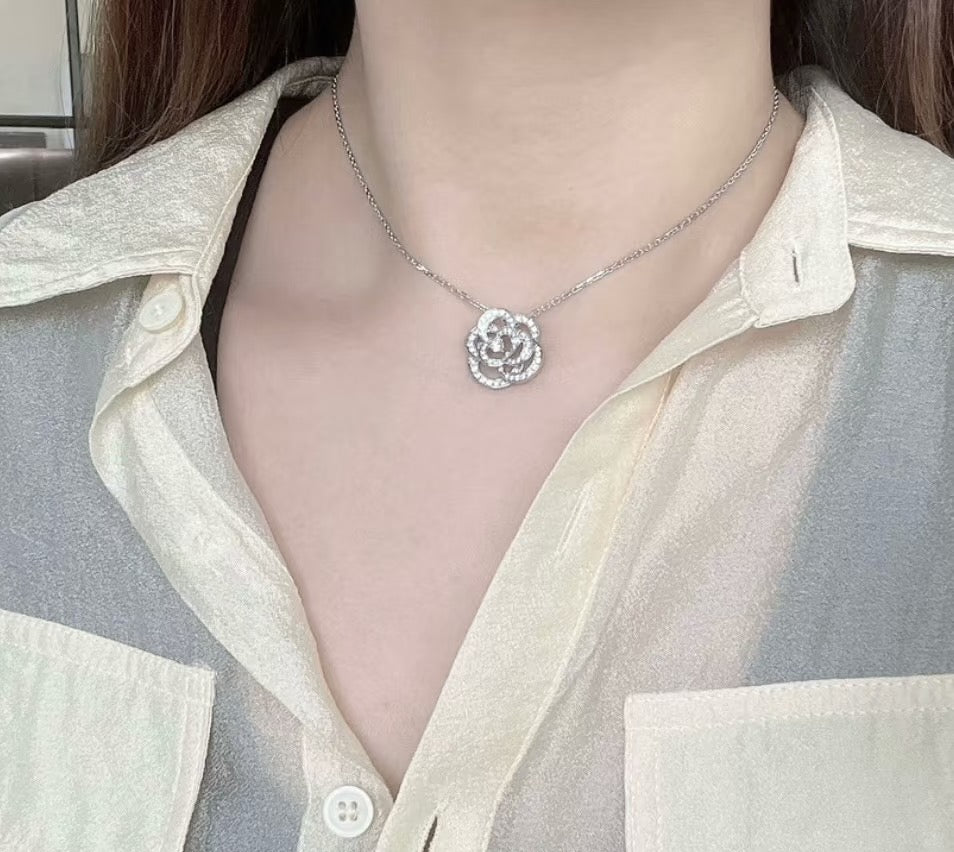 Camellia Pendant Necklace in Gold-Tone – Camellia Detail – Design 003 front product view