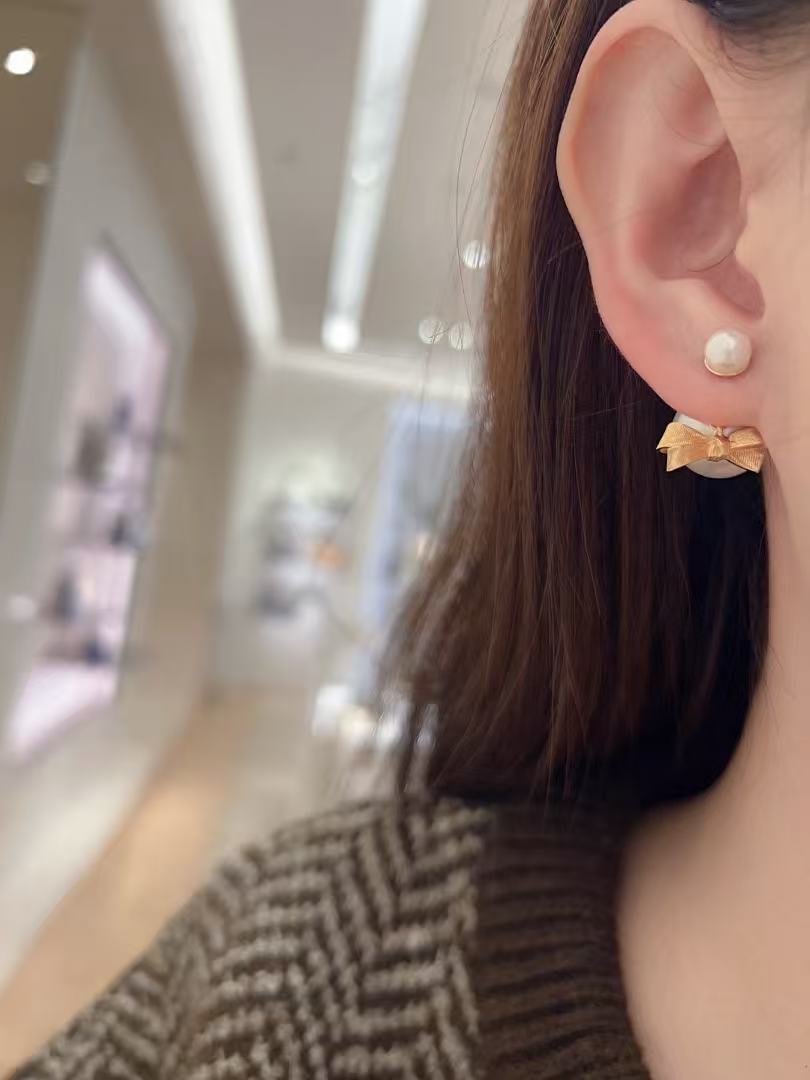 Bow & Butterfly Motif Statement Earrings in Polished Metal-Tone with Pearl-Style Detail – Design 002 detail view