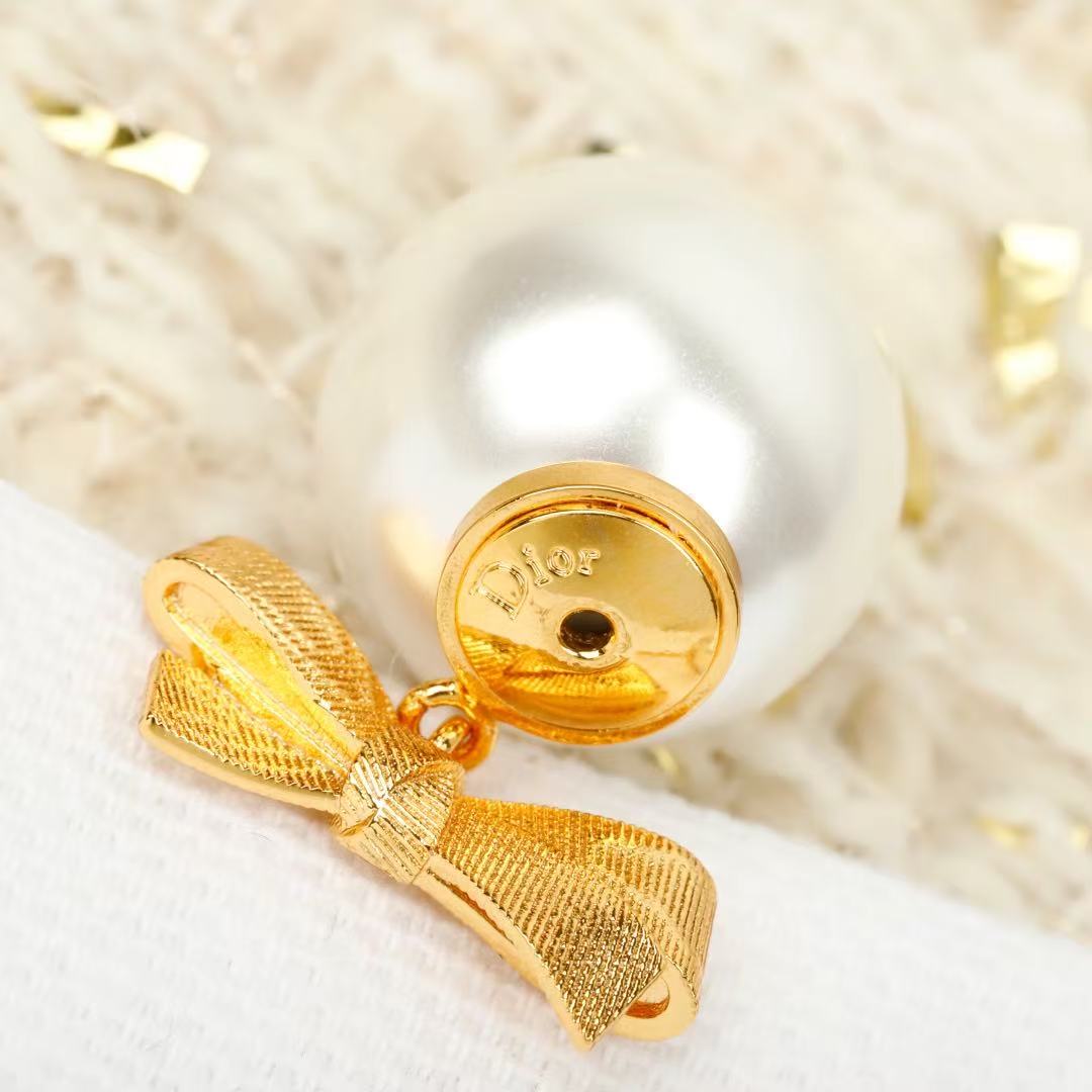 Bow & Butterfly Motif Statement Earrings in Polished Metal-Tone with Pearl-Style Detail – Design 001 side detail