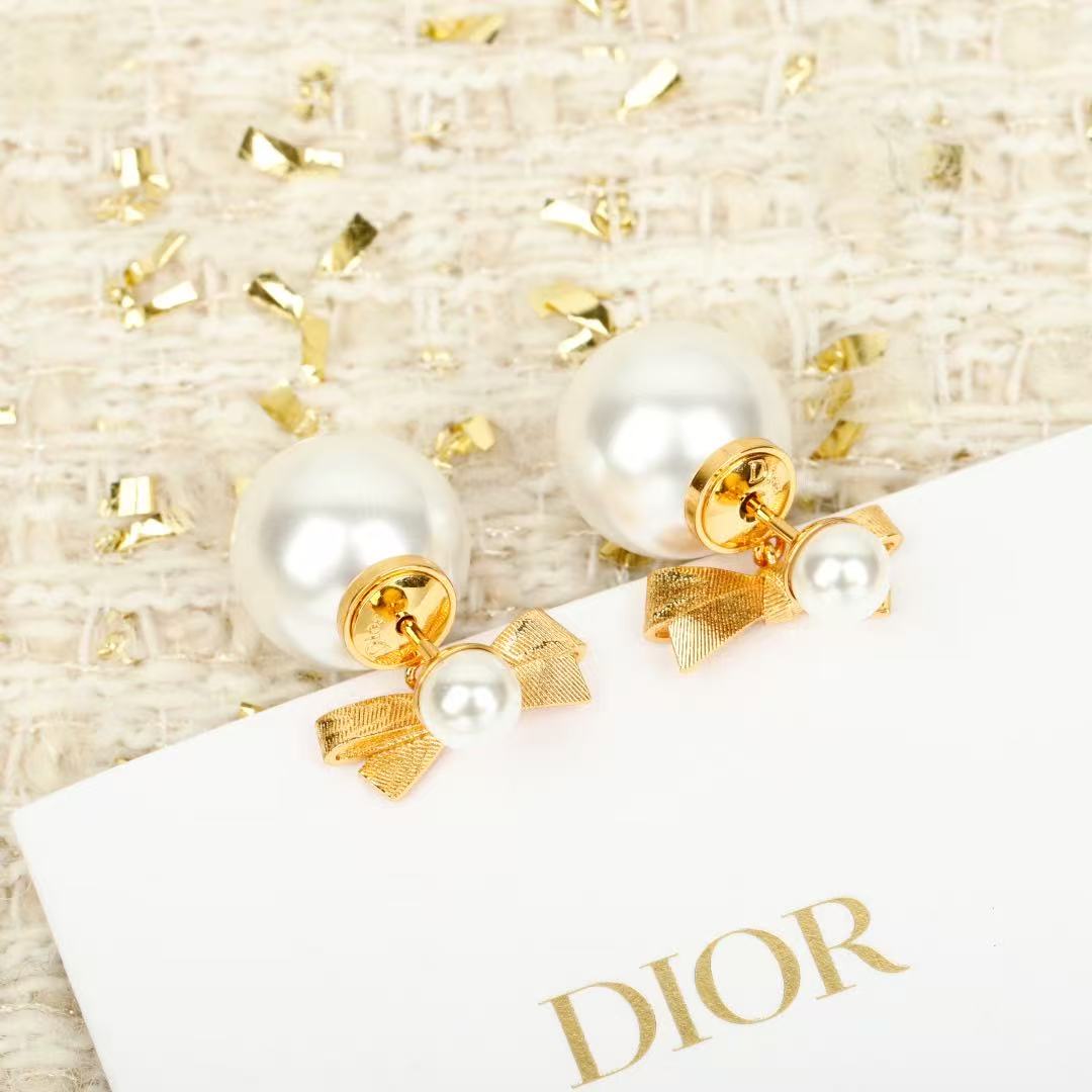 Bow & Butterfly Motif Statement Earrings in Polished Metal-Tone with Pearl-Style Detail – Design 002 front view