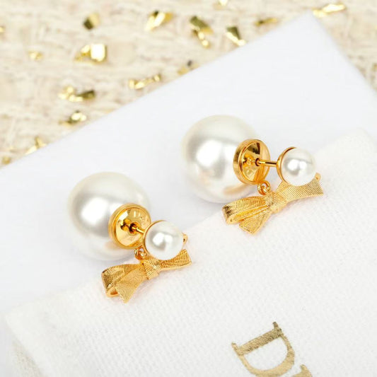Bow & Butterfly Motif Statement Earrings in Polished Metal-Tone with Pearl-Style Detail – Design 001 main product view