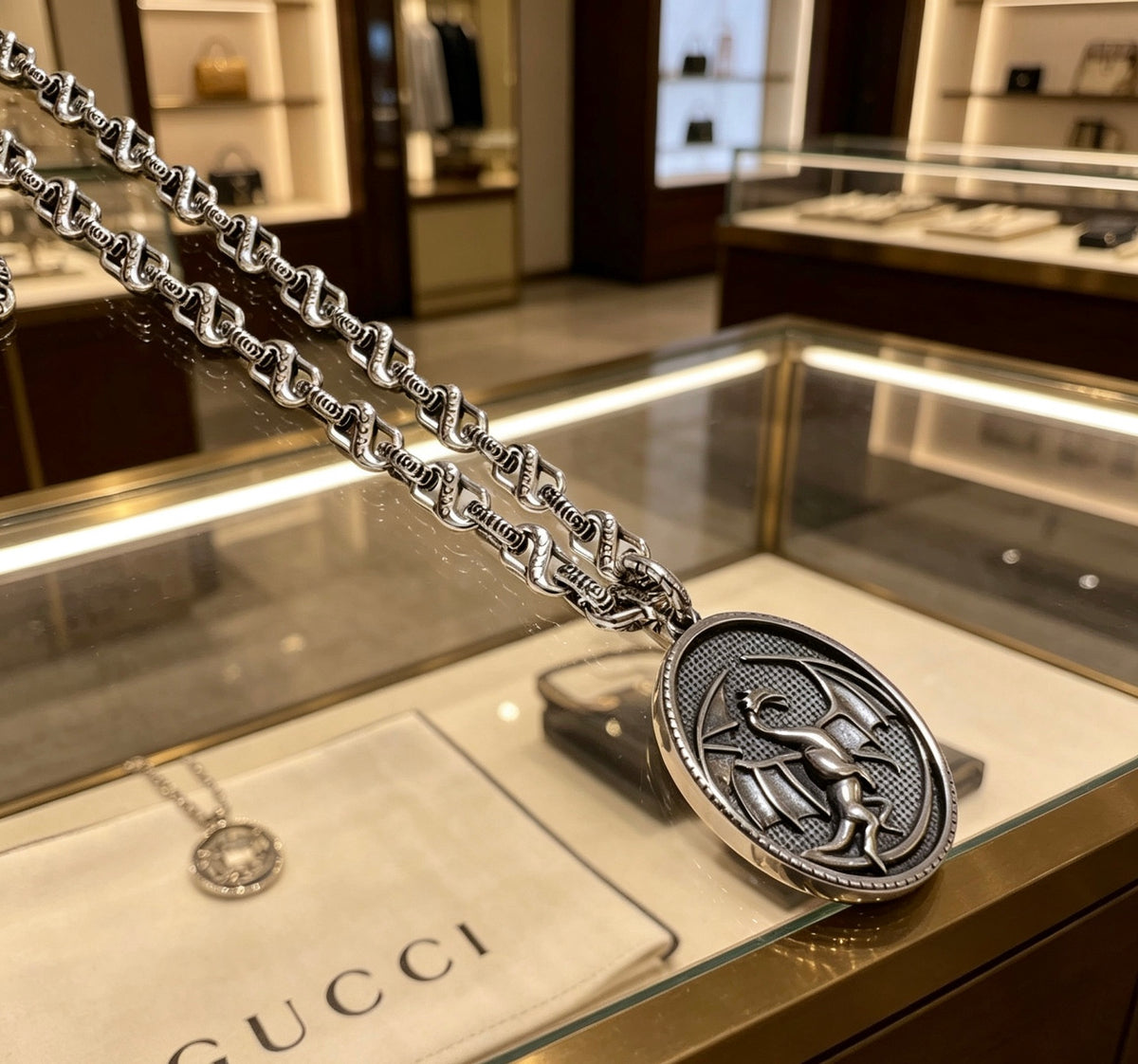 Double-G Emblem Pendant Necklace in Polished Metal-Tone – Design 005 close-up detail