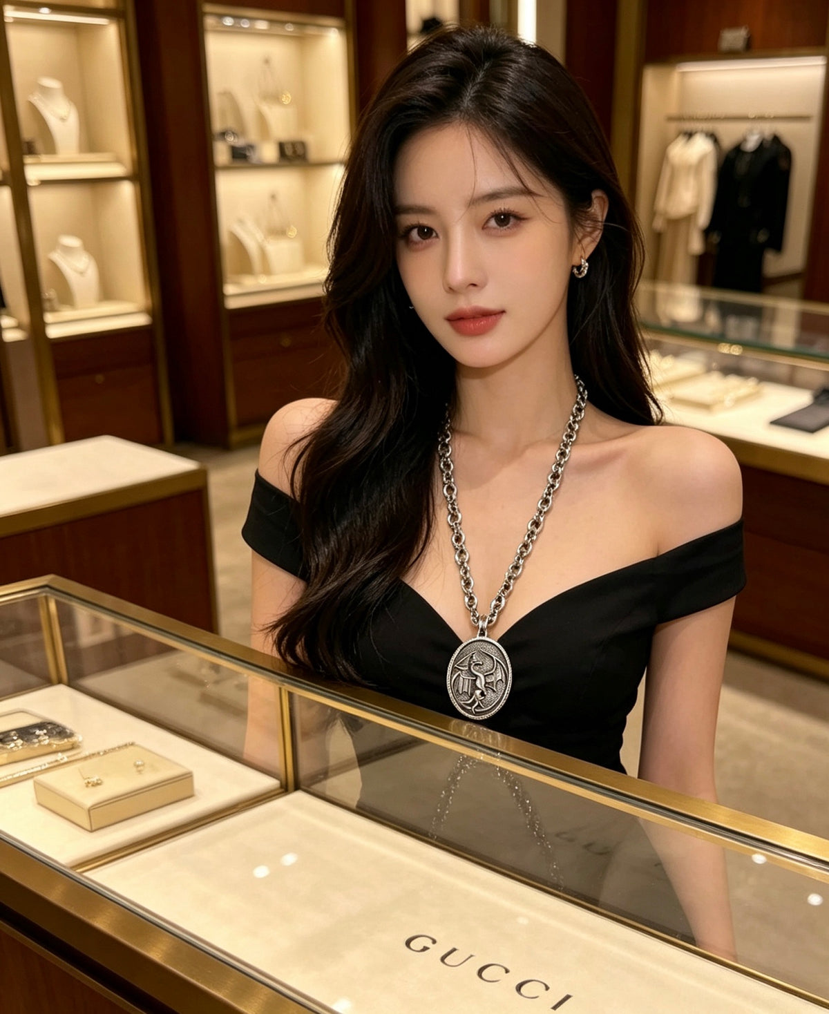 Double-G Emblem Pendant Necklace in Polished Metal-Tone – Design 005 front product view